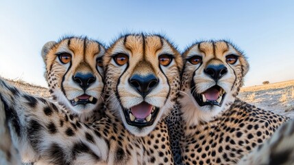 Three cheetahs take selfie in the African savannah, background sky. Wildlife photography