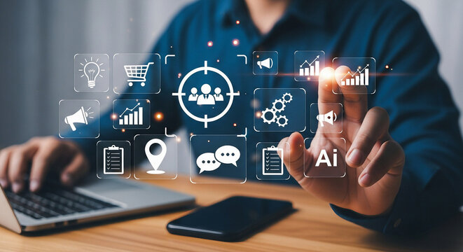 Businessman interacting with a digital interface of business strategy icons and ai