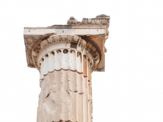 Ancient greek column capital and shaft fragment isolated on transparent background