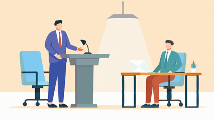 Man giving a presentation at a podium with another man sitting at a desk in a well lit room space