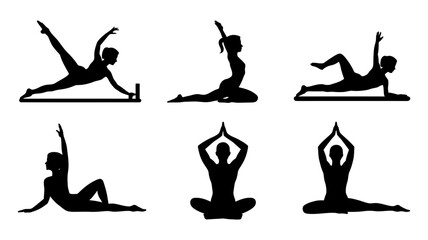 Vector art of diverse group of people performing various yoga and pilates poses in silhouette