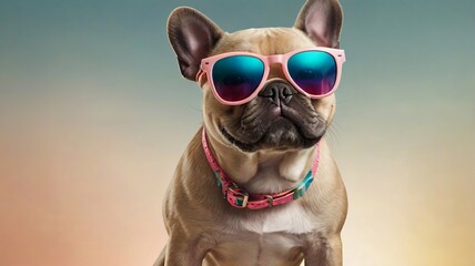 Happy Beige French Bulldog Wearing Colorful Gradient Sunglasses on Ombre Background with Copy Space