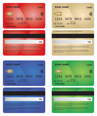 Realistic Bank Card Set in Red, Gold, Blue, and Green Colors &ndash; Front and Back Views for Business, Finance, Transactions, and Mobile Payments