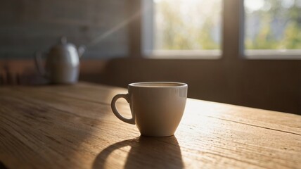 Minimalist Coffee Cup with Sunlight and Copy Space