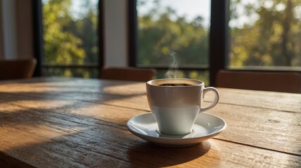 Minimalist Coffee Cup with Sunlight and Copy Space