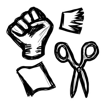 Hand-drawn symbols of rock, paper, scissors game in black outline  