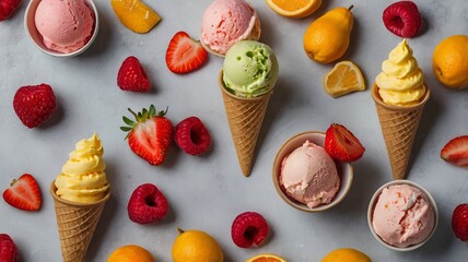 Modern Fruit Ice Creams on Gray Background with Copy Space
