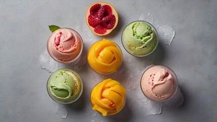 Modern Fruit Ice Creams on Gray Background with Copy Space