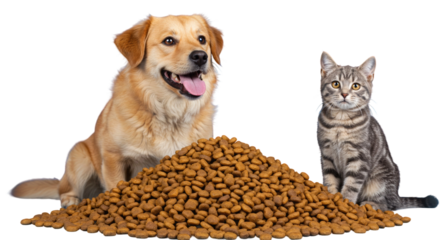 Adorable Dog and Cat with Pet Food Pile Isolated on a Transparent Background PNG