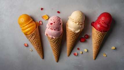 Modern Fruit Ice Creams on Gray Background with Copy Space