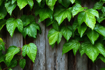 Lush green ivy vines cascading over a rustic weathered wooden fence surface