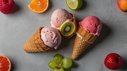 Modern Fruit Ice Creams on Gray Background with Copy Space