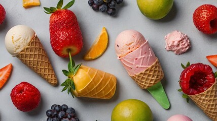 Modern Fruit Ice Creams on Gray Background with Copy Space