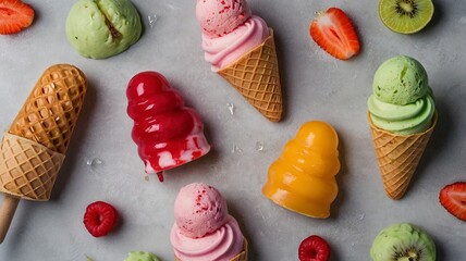Modern Fruit Ice Creams on Gray Background with Copy Space