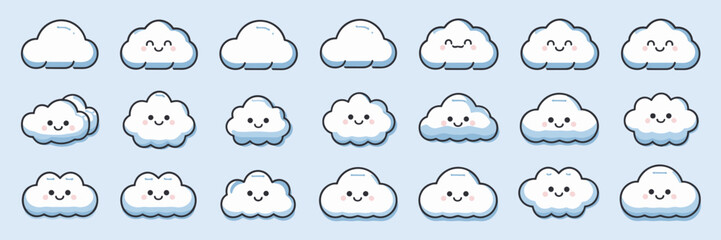 Fluffy cloud icons in line and filled style with smiley faces on blue sky