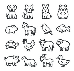 Domestic animal icon collection, pet and livestock symbols for graphic design projects