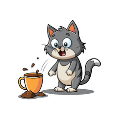 Mischievous Cat Knocking Over Coffee Mug Vector Illustration, Funny Cat Spill Scene, Playful Kitten with Coffee Cup on White Background, Cute Pet Mischief Design