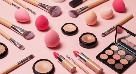 A collection of makeup brushes sponges lipsticks and eyeshadow palette on a pink background flat lay