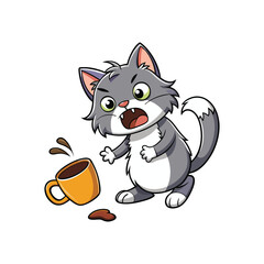 Mischievous Cat Knocking Over Coffee Mug Vector Illustration, Funny Cat Spill Scene, Playful Kitten with Coffee Cup on White Background, Cute Pet Mischief Design