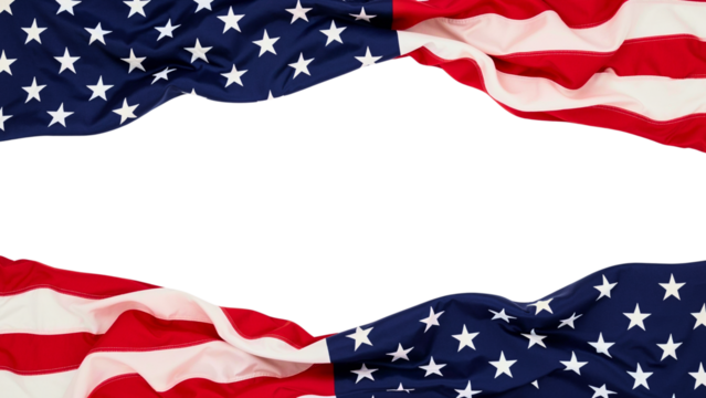 Waving American flags framing blank white space
