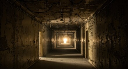 A long, decaying hallway with a light at the end