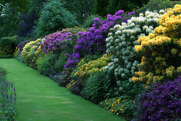 A beautifully landscaped garden with vibrant rhododendrons in full bloom along the path