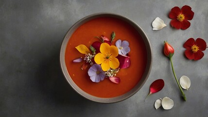 Tomato Soup with Edible Flower Petals on Minimalist Background and Copy Space