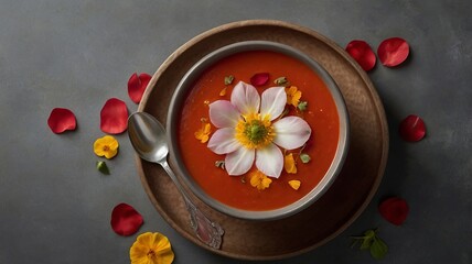 Tomato Soup with Edible Flower Petals on Minimalist Background and Copy Space