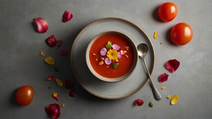 Tomato Soup with Edible Flower Petals on Minimalist Background and Copy Space