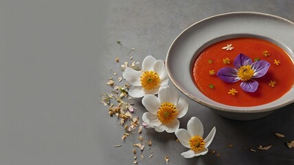 Tomato Soup with Edible Flower Petals on Minimalist Background and Copy Space
