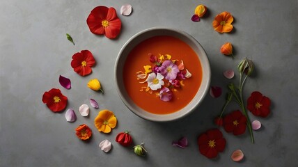 Tomato Soup with Edible Flower Petals on Minimalist Background and Copy Space