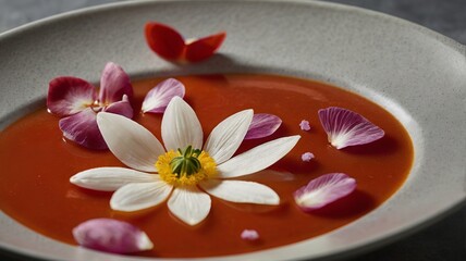 Tomato Soup with Edible Flower Petals on Minimalist Background and Copy Space