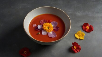 Tomato Soup with Edible Flower Petals on Minimalist Background and Copy Space