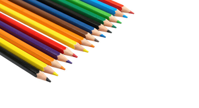Vibrant sharpened professional color pencils (red, brown, purple, green, black, yellow, blue, orange) in a diagonal array on transparent with copy space, studio lit with macro lens detail, product