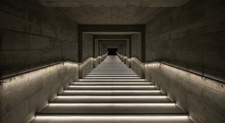 Fototapeta premium A long, descending stairway, lit by a bright, white light source