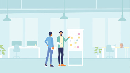 Two colleagues brainstorming ideas on a whiteboard in a modern office environment setting scene view