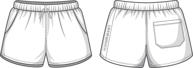 Athletic shorts technical drawing, front and back views, drawstring waistband, PERFORMANCE label, sportswear design, comfortable fit, detailed fashion sketch