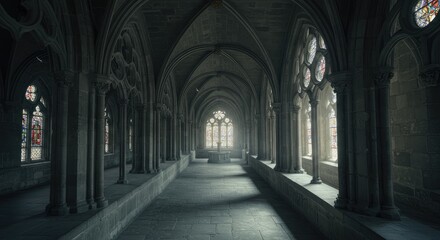 Fototapeta premium A long, dimly lit hallway in a gothic cathedral. Sunlight streams through stained glass