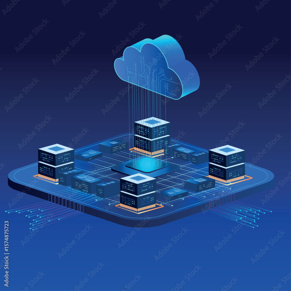 Poster cloud server working station. online devices upload and download information. isometric technology. 