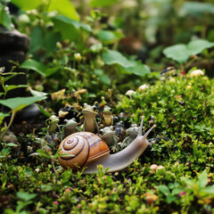 Small frogs ride a large snail through a mossy garden.