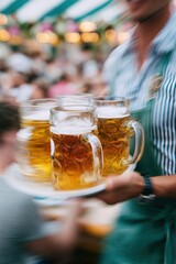 Waiter carrying a tray filled with large beer mugs, surrounded by a lively crowd enjoying festivities, capturing the vibrant atmosphere of a traditional celebration