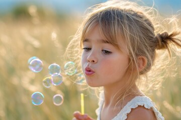 Little girl blowing soap bubbles in a field at sunset