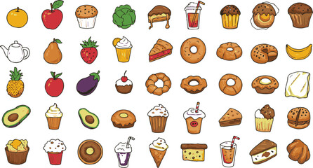 Colorful Doodle Food Icons Fruits, Baked Goods, and Drinks EPS Vector Illustration