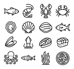 Seafood icon collection, marine food symbols. oceanic and aquatic elements set