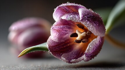 Close-up purple tulip flower with water droplets showcasing natural beauty and delicate textures