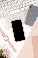 Flat lay pastel arrangement with technology
