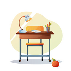 Cartoon vector of a school desk with lamp, open book, pencils and apple  ideal for learning, reading, or kids' workspace themes.