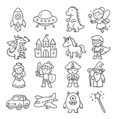 Child's imaginative icons collection, fantasy play elements. creative kids' story set