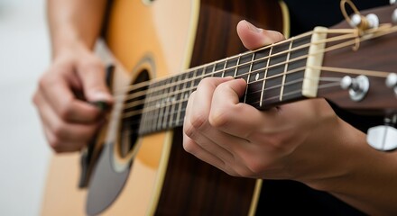 Close-up of Guitarists Hands Playing Acoustic Guitar Musical Performance.
