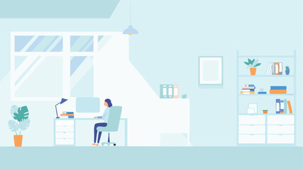 Person working at a desk in a bright room with a window and a bookshelf in the background scene here